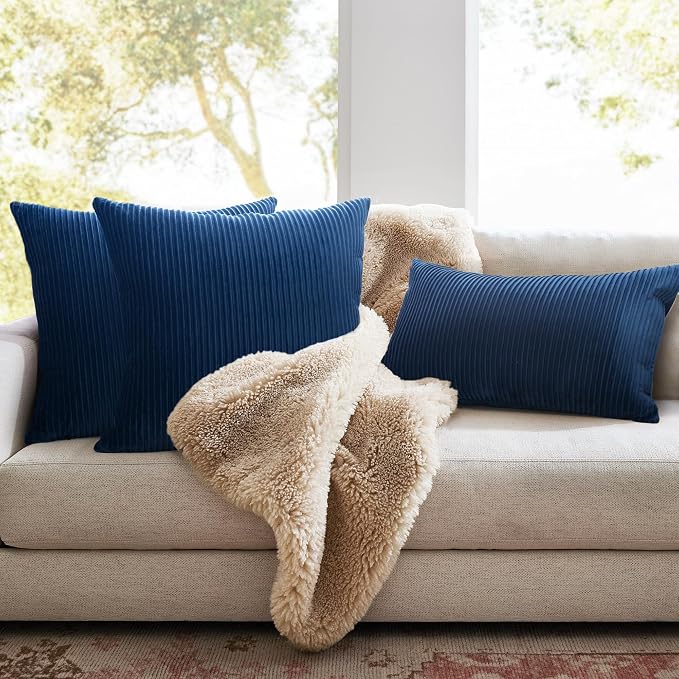 YCOLL Navy Blue Pillow Covers 16x16 Set of 2 Velvet Striped Pattern - Soft Throw Pillows for Home Decor, Luxury Decorative Pillow Covers for Couch, Bed,Living Room