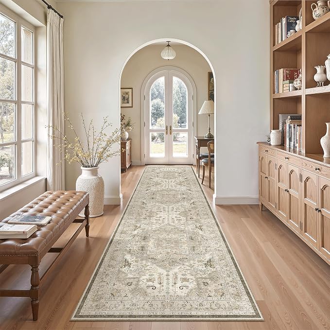Madane Hallway Runner Rug 2'6''x10' Kitchen Runners Vintage, Ivory/Brown | Non-Slip Washable Rugs 10ft for Laundry Room, Entryway and Bedroom, Soft Low Pile Stain-Resistant Wide 2.5x10 Ft Floor Carpet