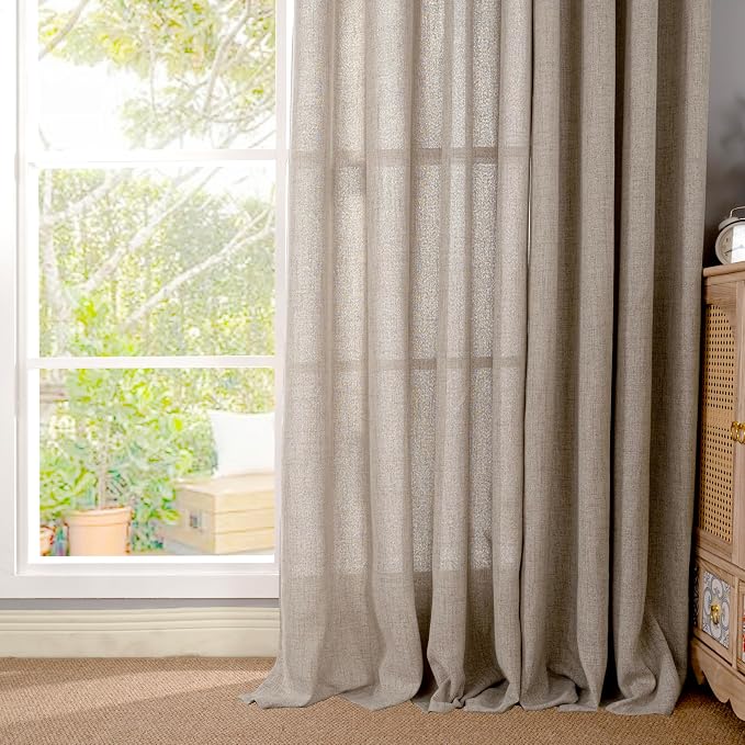 Dark Oatmeal Linen Semi Sheer Curtains 80 Inch Length for Living Room | Tan Drapes Light Filtering with Rod Pocket Back Tab for Dining Bedroom Farmhouse Window, 2 Panels, 52 X 80 Inch