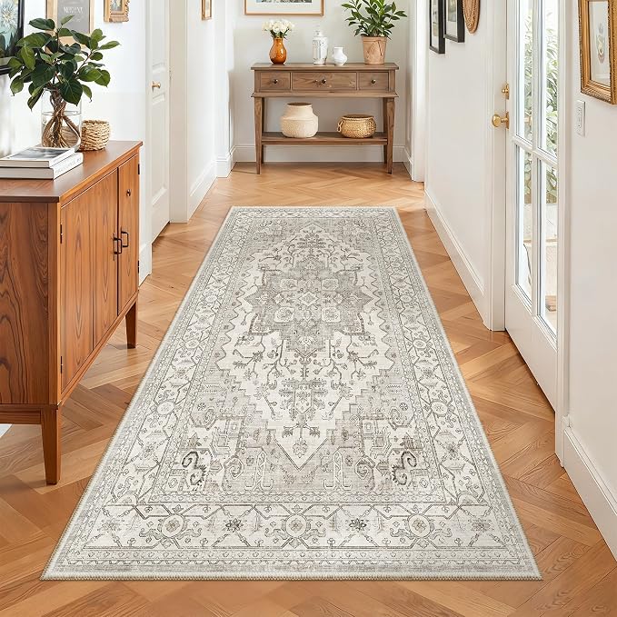 Madane Washable Runner Rug 3x6 Runners for Hallways Non Slip, Beige/Brown | Vintage Stain-Resistant 6 Feet Kitchen Rug, Soft Low-Pile Ultra-Thin Floor Carpet Mat for Bathroom Laundry Room Bedroom 2x6ft