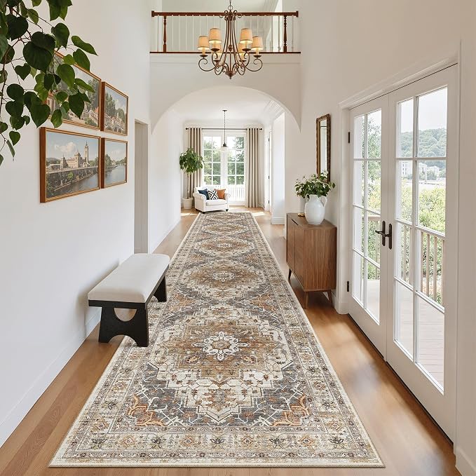 Madane Hallway Runner Rug 2'6''x16' Kitchen Runners Vintage, Turmeric/Grey | Long Non-Slip Washable Rugs 16ft for Entryway Laundry and Bedroom, Soft Low Pile Stain-Resistant 2.5x16 Ft Floor Carpet