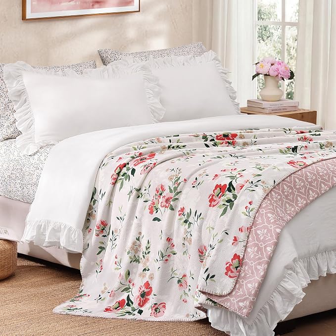 Floral Reversible Throw Blanket for Couch-Coco Flannel Soft Bed Blankets | Luxuriously Warm Fluffy Decor for Women, Mom, Her & Girls, Plush Throw for Sofa, Chair, 60x80in, Pink Rose