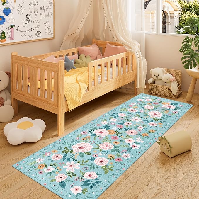 DUKINO 2.6x8 Runner Rug, Washable Runner Rug for Hallway Non Slip, Teal | Low Pile, Soft, Floral Indoor Rug for Kitchen, Entryway, Bedroom, Bathroom, Pet Friendly, Stain Resistant, Modern Home Decor