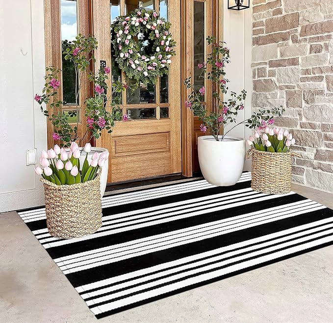 Black and White Outdoor Rug 3'x 5',Striped Farmhouse Front Porch Mat | Machine Washable Hand-Woven Outdoor Front Porch Rug Combined Use With Hello Welcome Mat