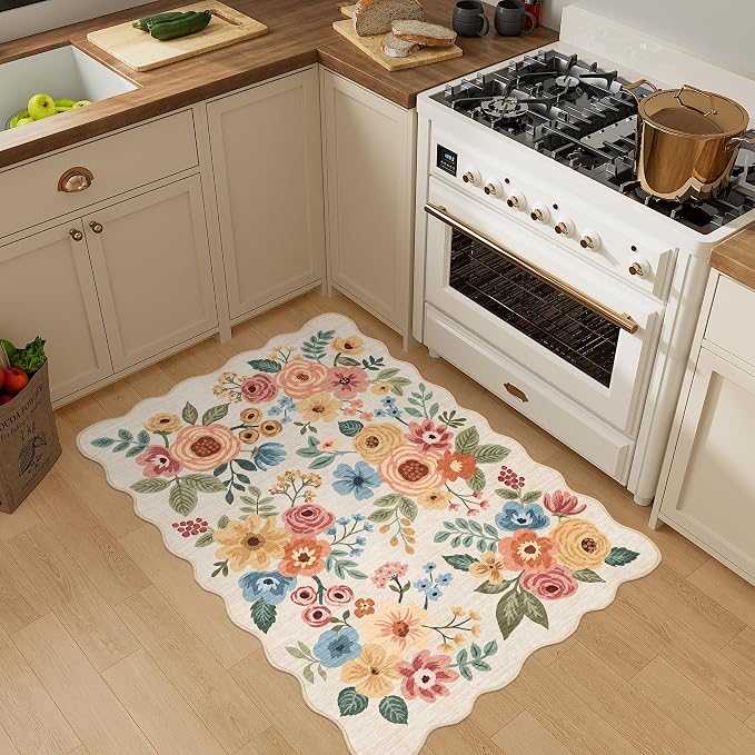 DUKINO 2x3 Rug for Entryway, Floral Door Mat Washable Rug, Beige Yellow | Non Slip, Low Pile, Soft Small Rugs for Kitchen, Entrance, Bedroom, Bathroom, Laundry, Pet Friendly, Non-Shedding, Home Decor