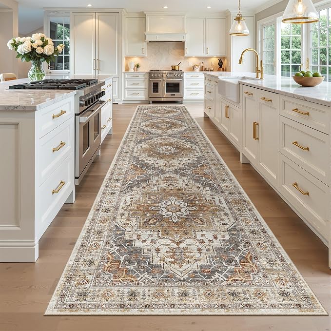 Madane Hallway Runner Rug 3x14 Washable Kitchen Runners Long, Turmeric/Grey | Vintage Non-Slip Wide Area Rugs 14ft for Entryway, Soft Thin Low-Pile Farmhouse Indoor Floor Carpet for Living Room Bedroom