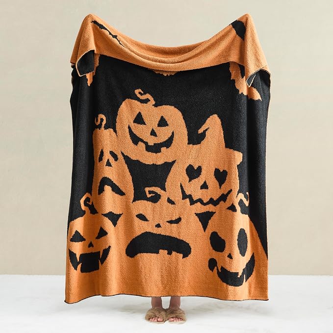 WDCOZY Halloween Throw Blanket Reversible Super Soft Knitted Blankets for Couch Bed Sofa Microfiber Warm Cozy Comfy Lightweight Fall Comfort Fluffy Fuzzy Knit Blanket Cute 60x80 Inches Pumpkin