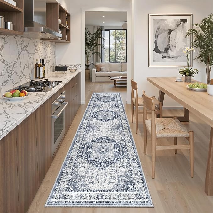 Madane Hallway Runner Rug 2x8 Washable Kitchen Rugs Non-Slip, Navy/White | Vintage Machine Washable Low-Pile Floor Carpet 8ft, Soft Ultra-Thin Throw Entry Foyer Mat for Entrance Laundry Living Room