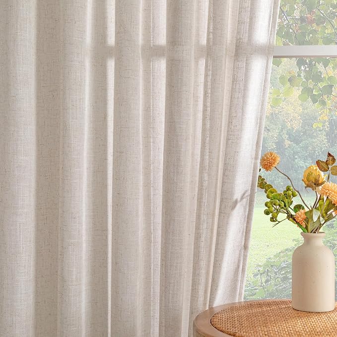 MYSKY HOME Natural Linen Sliding Glass Door Curtains, Back Tab Semi Sheer Curtain Panels Extra Long Floor Length Drapes 95 Inches for Living Room Linen Texture Soft Touch, 100" Wide, 1 Piece
