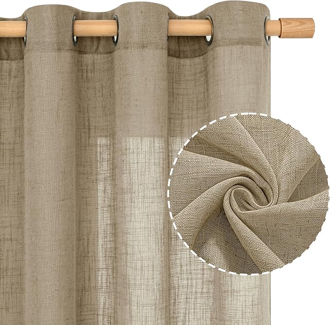 Taupe Linen Sheer Curtains 54 Inches Long for Bedroom 2 Panels | Light Filtering, Curtains for Bathroom, Windows, Dining Room, Country Decor, Boho Drapes, Bronze Grommet, 52 x 54 Inch