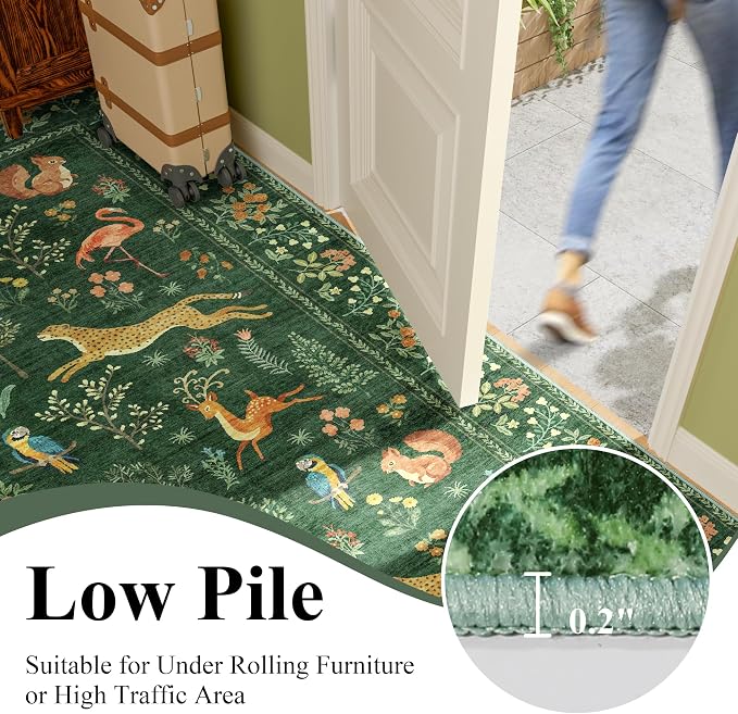 DUKINO 2x4 Rug for Entryway, Animal Washable Runner Rug for Kitchen, Green | Non Slip, Low Pile, Stain Resistant Thin Indoor Carpet for Hallway, Bedroom, Bathroom, Laundry, Pet Friendly, Non-Shedding