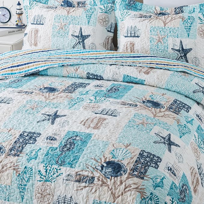 NEWLAKE Quilt Bedspread Sets - West Coastal Pattern Reversible Coverlet Set, King Size