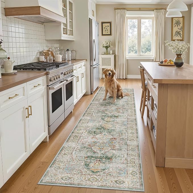 Madane Hallway Runner Rug 2x8 Washable Kitchen Rugs Non-Slip, Green | Vintage Machine Washable Low-Pile Floor Carpet 8ft, Soft Ultra-Thin Throw Entry Foyer Mat for Entrance Laundry Living Room