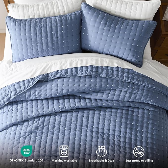 WDCOZY Blue King Size Quilt Bedding Sets with Pillow Shams, Lightweight Soft Bedspread Coverlet, Quilted Blanket Thin Comforter Bed Cover, All Season Summer Spring, 3 Pieces, 104x90 inches