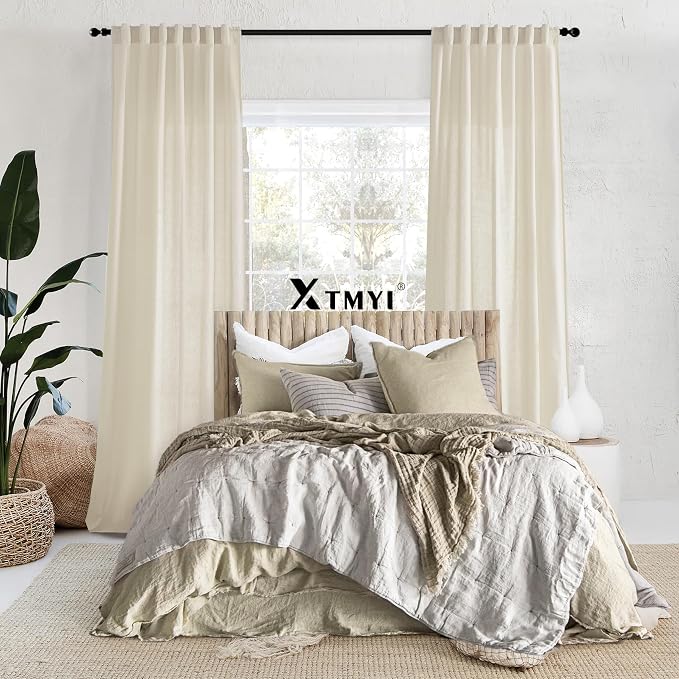 XTMYI Light Beige Curtains for Living Room,Linen Semi Sheer Light Filtering Farm House Curtain Set for Home Studio,9 FT 108 Inches Long
