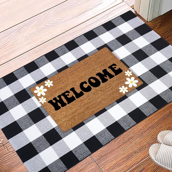 Buffalo Plaid Area Rug 3x5 Ft, Black White Indoor Outdoor Rug | Cotton Blend, Black White Checkered, Machine Washable, Layering Rug, Front Porch Entryway