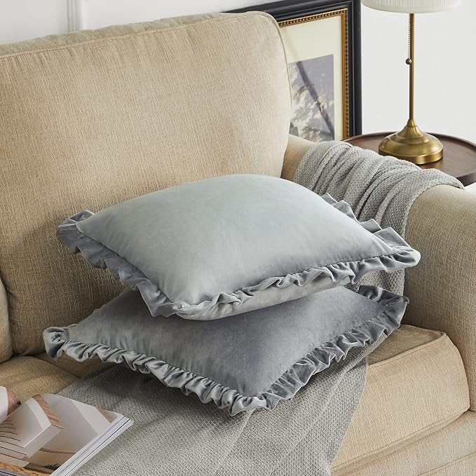 GIGIZAZA Grey 18x18 Luxury Pillow Covers, Set of 2 Decorative Velvet Ruffle Cushion Pillow Covers for Sofa Couch