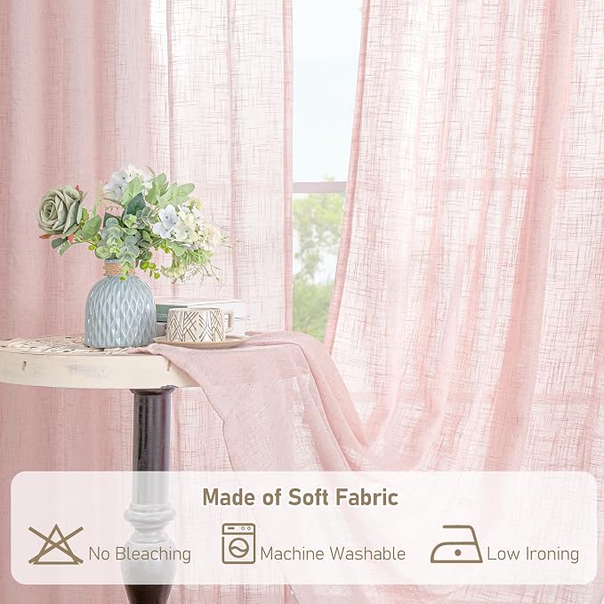 Semi Sheer Linen Curtains 45 Inches Long for Windows, 52 x 45 Inch | Light Filtering Panels, Neutral Drapes for Girls Room, Window Treatment, Bedroom, Rod Pocket Back Tab, Pink, 2 Panels