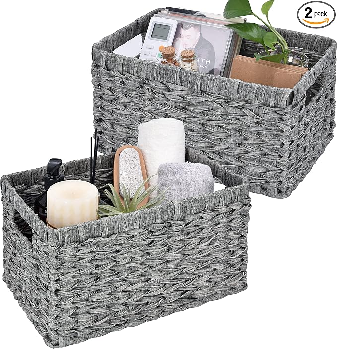 GRANNY SAYS Wicker Storage Baskets for Organizing, Basket Organizer, 2-Pack | Waterproof Wicker Baskets with Handles, Cabinet,Coffee Table,Gray Plastic Baskets for Shelves,Handwoven Bathroom Storage Bins