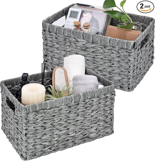 GRANNY SAYS Wicker Storage Baskets for Organizing, Basket Organizer, 2-Pack | Waterproof Wicker Baskets with Handles, Cabinet,Coffee Table,Gray Plastic Baskets for Shelves,Handwoven Bathroom Storage Bins