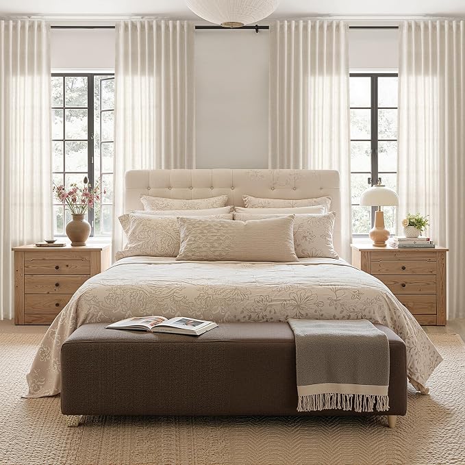 Linen Curtains 63 Inches Long for Living Room Semi Sheer Light Filtering Curtain Back Tab Rod Pocket Neutral Boho Modern Farmhouse Decor Window Drapes for Bedroom 52x63 2 Panels Boho