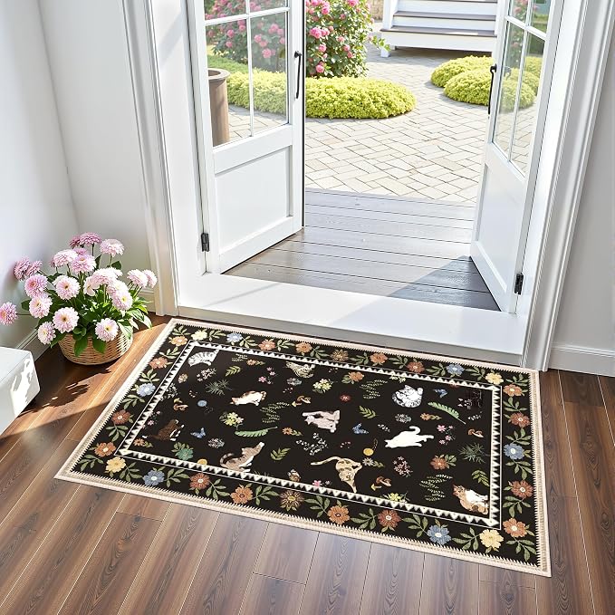 AIMPEAK Black 2x3 Washable Door Mat - Non Slip Low Pile Cat Floral Boho Small Area Rug for Entryway, Kitchen, Front Door, Indoor Entrance, Kids Room Throw Rug Carpet, Black Multi