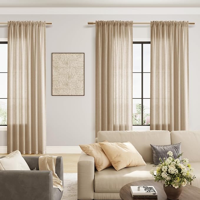 Sand Beige Linen Curtains 84 Inches Long Rod Pocket Semi Sheer Dining Room Cozy Bedroom Decor Cotton Look Country Rustic Farmhouse Boho Curtains 2 Panel Set,52x84
