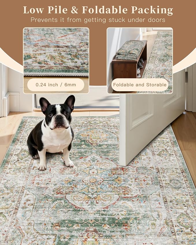 Madane Washable Runner Rug 2x6 Runners for Hallways Non Slip, Green | Vintage Stain-Resistant 6 Feet Kitchen Rug, Soft Low-Pile Ultra-Thin Floor Carpet Mat for Bathroom Laundry Room Bedroom 2x6ft