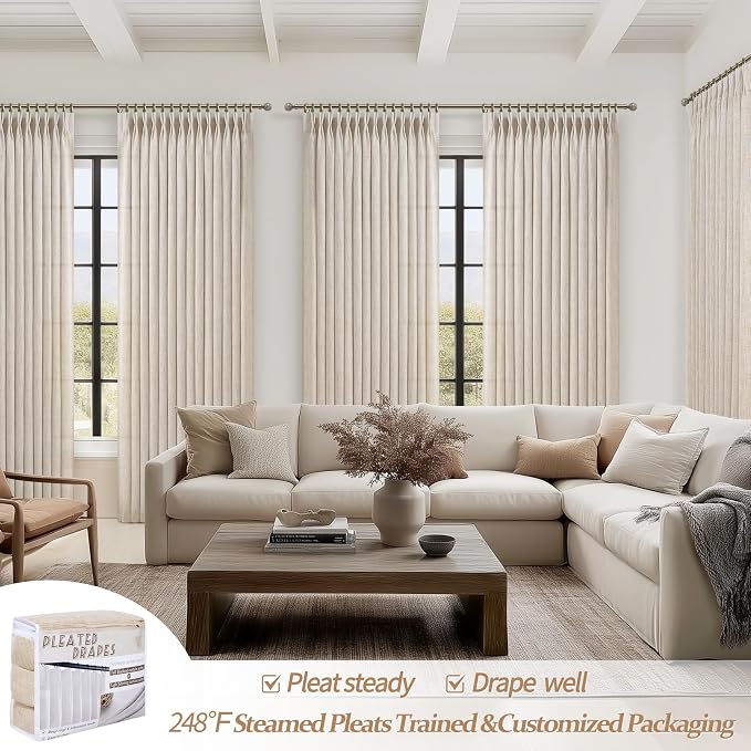 60 Inch Wide Natural Linen Textured Curtains 102 Inches Long for Sliding Glass Door, Memory Trained Pinch Pleat Non See Through Viral Curtain Light Filtering Privacy Semi Sheer Windows Drapes 2 Panels