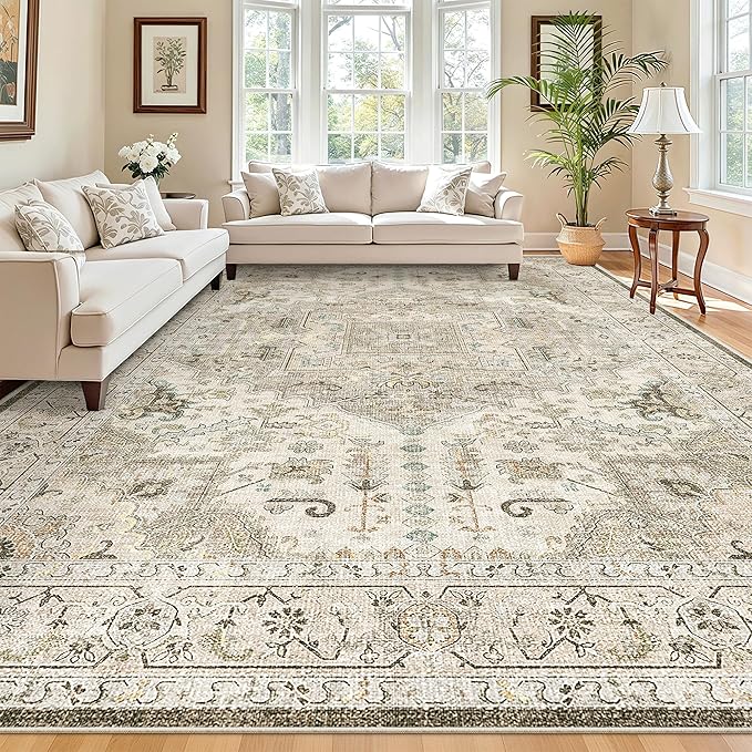 Madane 8x10 Area Rugs for Living Room, Non-Slip Washable Rug, Ivory/Brown | Ultra-Thin Stain Resistant Vintage Large 8'X10' Carpet, Low-Pile Floor Mat For Bedroom Dining Room Office Home Decor