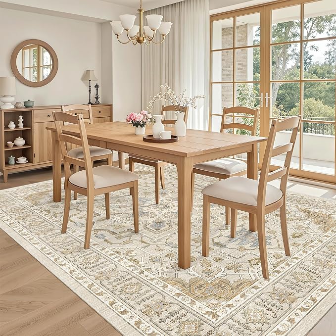 Madane 6x9 Area Rugs for Living Room, Vintage Washable Rug, Beige/Blue | Stain Resistant Floor Carpet With Non-Slip Backing For Bedroom, Dining Bedroom And Office, Soft Low-Pile Home Decor Mat