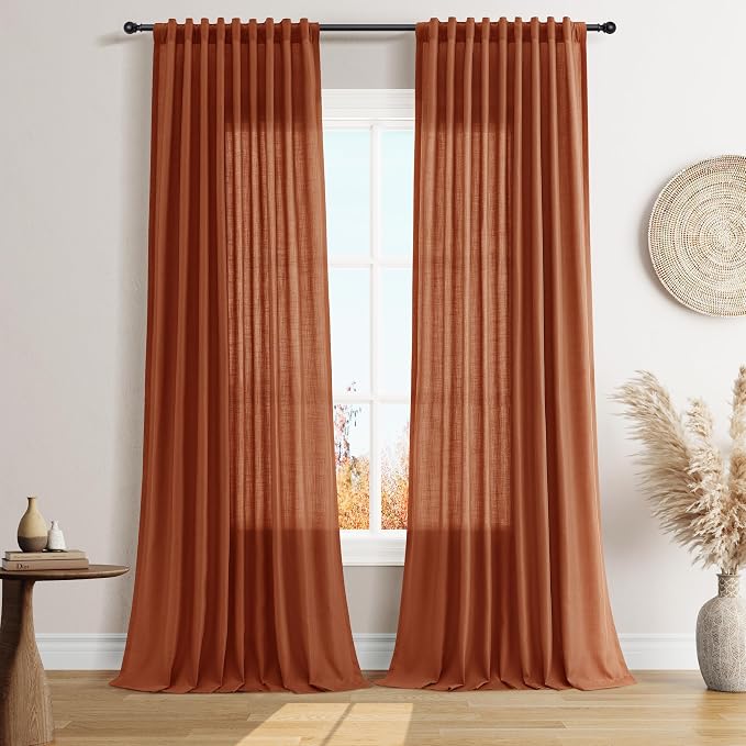 Extra Long Linen Curtains 120 Inches for Living Room Back Tab Semi Sheer High Floor to Ceiling 10ft Light Filtering Curtain Boho Farmhouse Decor Window Drapes for Bedroom 2 Panels Terracotta