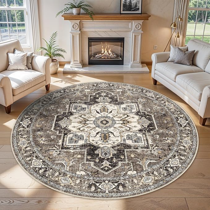RUUGME Ultra-Thin Washable Round Rug - 6ft Large Dining Room Round Area Rug Vintage Stain Resistant Carpet for Living Room Bedroom Non-Slip Backing Soft Low Pile Floor Mat for Nursery(Beige,6'Round)