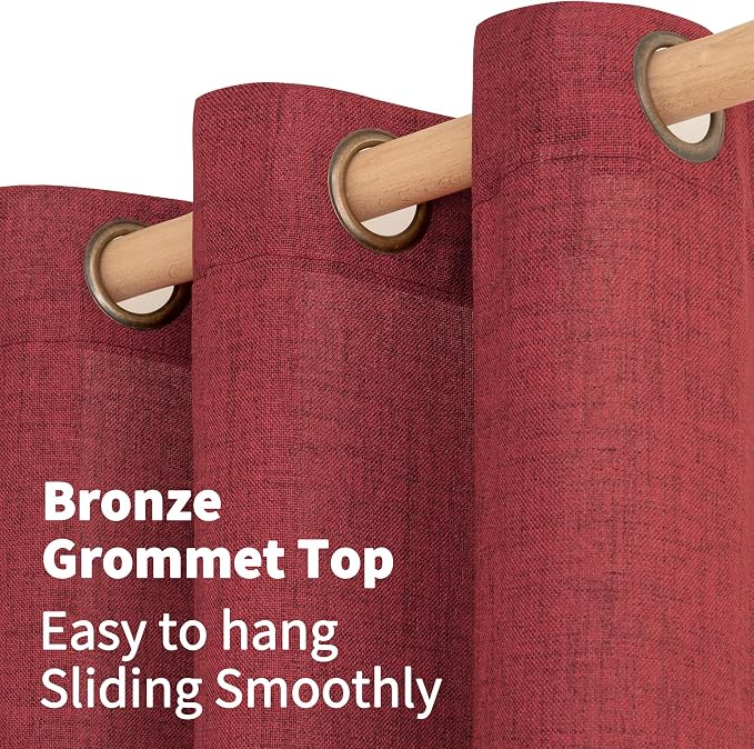 YoungsTex Burgundy Red Linen Curtains 54 Inch Length for Living Room, Light Filtering Window Drapes Semi Sheer with Bronze Grommet Privacy for Bedroom Living Room, 42 x 54 Inch, 2 Panels