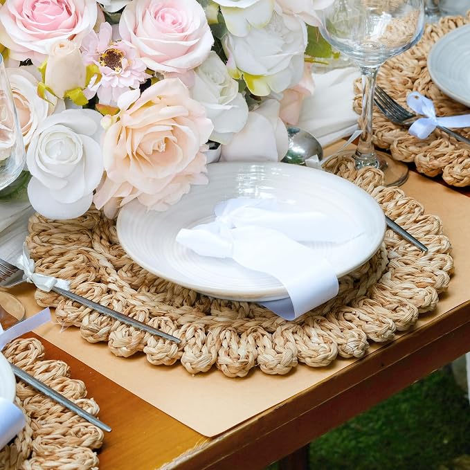 15" Corn Husk Woven Round Placemats Set of 4 - Wicker Boho Farmhouse Placemats - Rattan Table Mats Like Water Hyacinth for Dining Table, Wedding, Home, Christmas, Party
