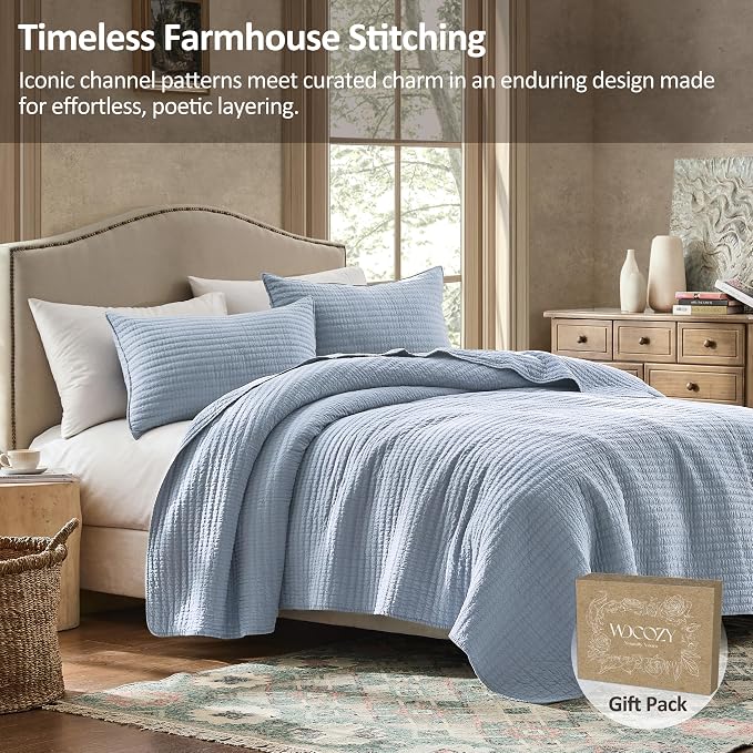 WDCOZY 100% Cotton Oversized King Size Quilt Set - Light Blue California Cal King Striped Pick Stitch Soft Lightweight Bedspread, Textured Like Linen, Farmhouse Country Rustic Coverlet, 3 Pieces