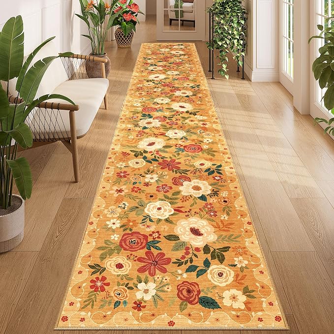 DUKINO 2x12 Washable Runner Rug, Non Slip Long Kitchen Runner Rug, Orange | Floral, Low Pile, Soft Indoor Rug Runner for Hallway, Entryway, Bedroom, Bathroom, Laundry, Pet Friendly, Modern Home Decor