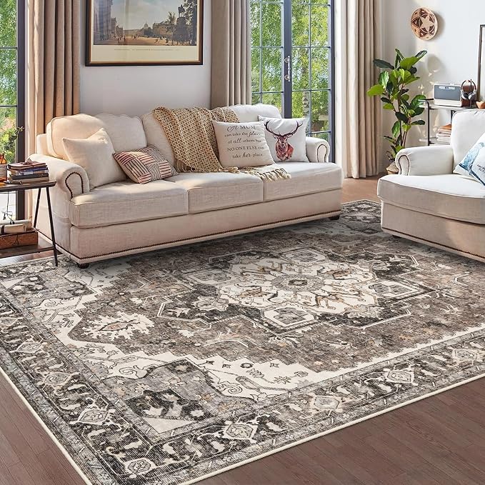 Washable Living Room Area Rug - 9x12 Large Bedroom Rug Distressed Oriental Non-Slip Non-Shedding Print Floor Carpet for Dining Room Kitchen（Beige, 9 x 12）