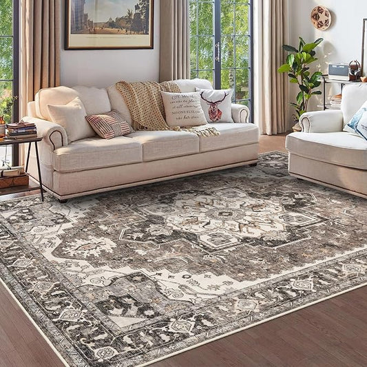 Washable Living Room Area Rug - 9x12 Large Bedroom Rug Distressed Oriental Non-Slip Non-Shedding Print Floor Carpet for Dining Room Kitchen（Beige, 9 x 12）