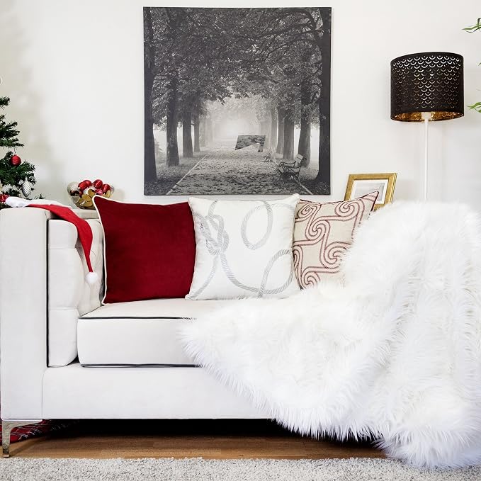 Embroidery White Velvet Throw Pillow Cover, Merry Christmas Series Gift Knot Luxury Soft Fuzzy Cozy Warm Slik Gift Square Couch Cushion Pillow Case 20 x 20 Inch, Cover Only