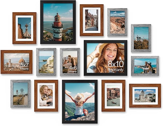 Vittanly 15 Pack Gallery Wall Frame Set, Black, Walnut Brown, Grey | Picture Frames Collage Wall Decor: 3pcs 8x10, 6pcs 5x7, 6pcs 4x6. Picture Frame Set for Wall or Tabletop Display
