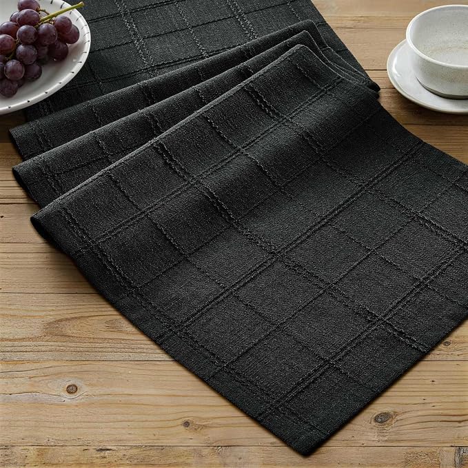 ZeeMart Linen Checked Farmhouse Table Runner, 13x72 Inches Black | Raised Grid Design, Rich Woven Texture, Linen Blend Table Runners 72 Inches Long, Machine Washable, Boho Home Kitchen Decor