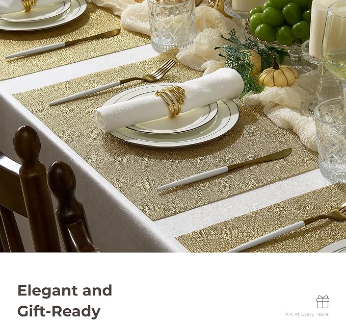 Leetaltree Gold Placemats Set of 8 - Heat Resistant Non-Slip Place mats for Dining Table, Washable Durable PVC Vinyl Woven Table Mats(Luxury Gold, 8)