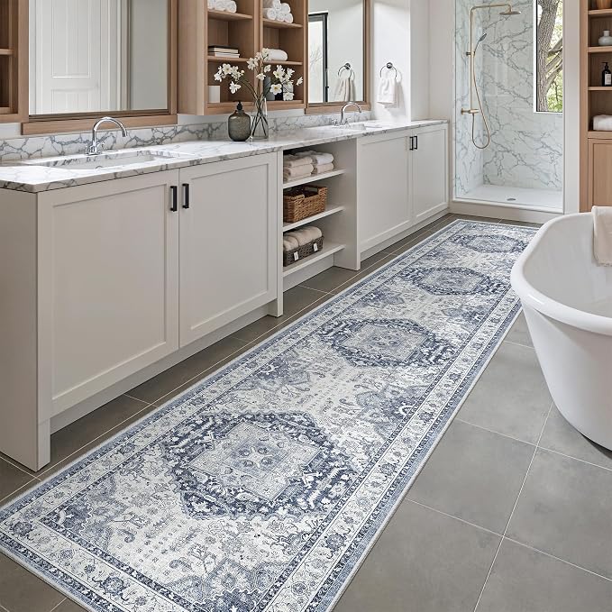 Madane Washable Runner Rugs 2x12 Long for Hallway Kitchen Soft, Navy/White | Non-Slip Vintage Printed 12ft Rug Runners with Rubber Backing, Low-Pile Floor Carpet Laundry Room Entryway, Corridor