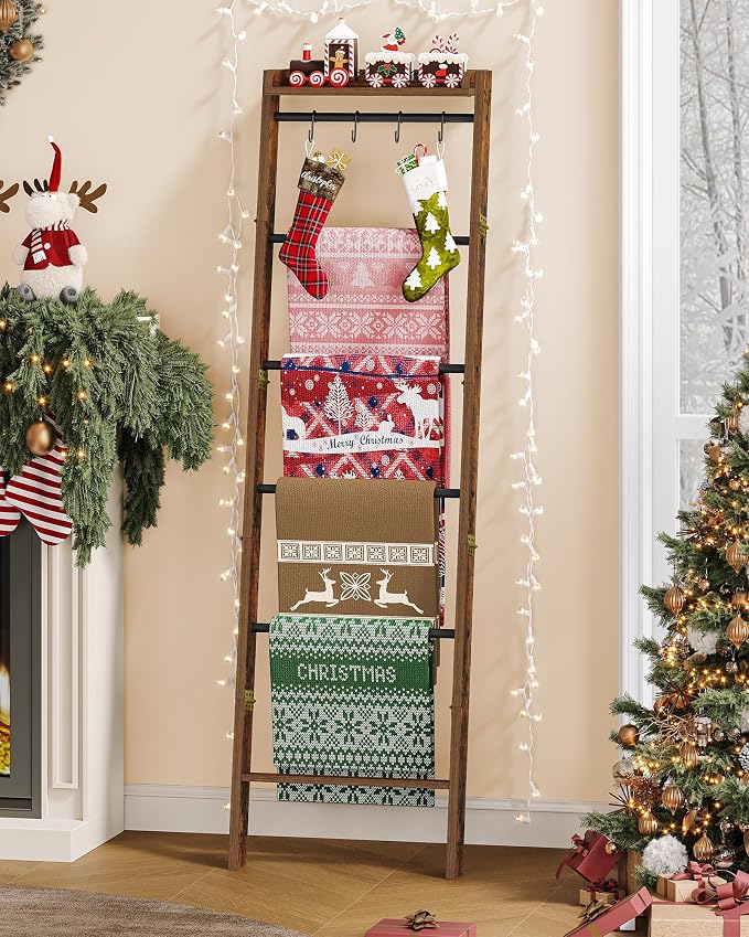 Hzuaneri Blanket Ladder Shelf, Farmhouse Ladder Holder, Blanket Organizer | 7-Tier Decorative Quilt Rack with 4 Removable Hooks 7.9" D x 17.3" W x 66.9" H, Rustic Brown BR36801B