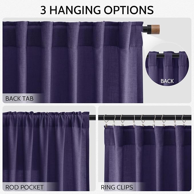 Purple Linen Blend Light Filtering Back Tab Curtains 102 Inches Long, Semi Sheer Privacy Drapes for Living Room & Bedroom, 52x102 inch, 2 Panels