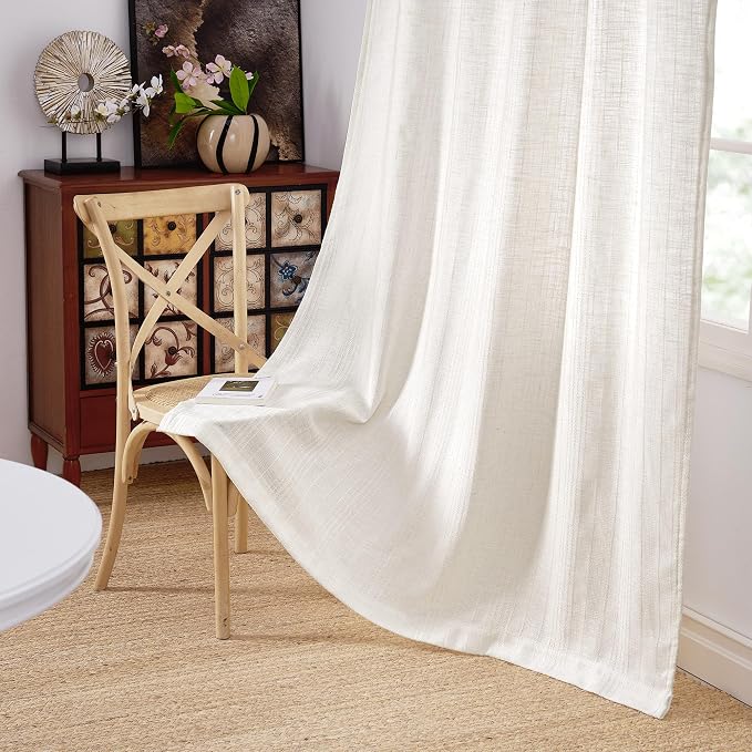 NICETOWN Natural Boho Linen 108 inch Curtains for Living Room, Jacquard Weave Waffle Pattern Privacy Light Filtering Floor Length Drapes, W52 x L108, 2 Panels