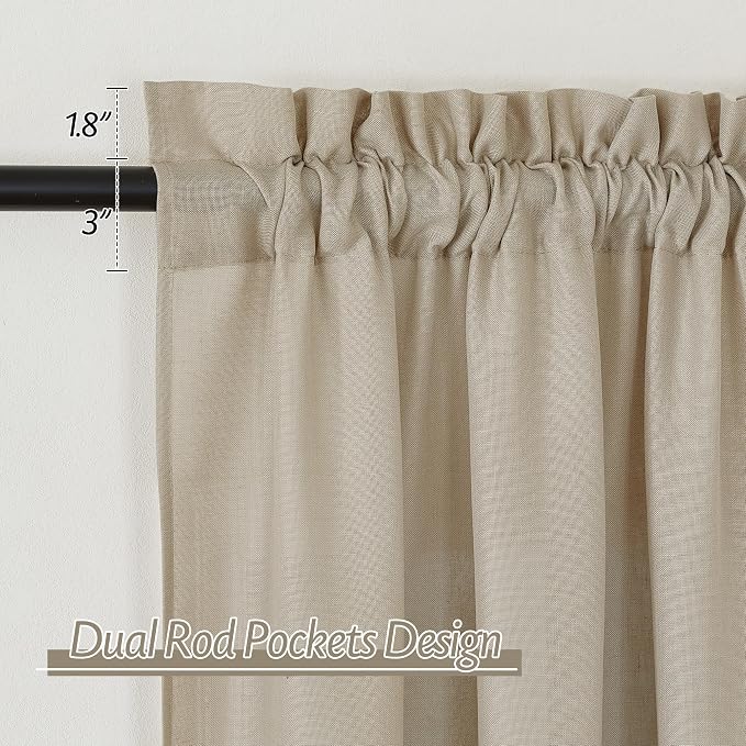 RYB HOME Linen Sheer Curtains 2 Panels for Living Room, Semi Transparent Privacy Drapes with Rod Pocket Farmhouse Style Window Treatments for Bedroom, Taupe, 52" W x 45" L