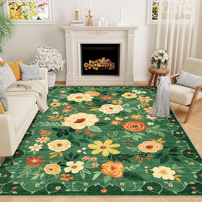 DUKINO 8x10 Area Rugs, Floral Washable Living Room Rug Non Slip, Dark Green | Low Pile, Stain Resistant, Soft Indoor Large Carpet for Bedroom, Dining Rom, Kids Playroom, Pet Friendly, Modern Home Decor