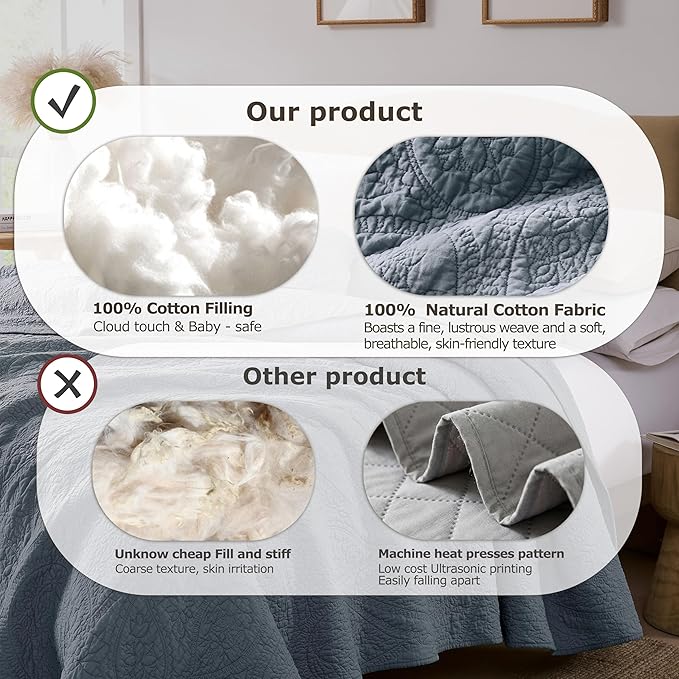 PALASSIO Dusty Blue Paisley 100% Cotton Quilt King Size Bedding Sets with 2 Pillow Shams, Boho Floral Lightweight Farmhouse Country Vintage Soft Bedspread Shabby Chic Coverlet for All Season, 3 Pieces